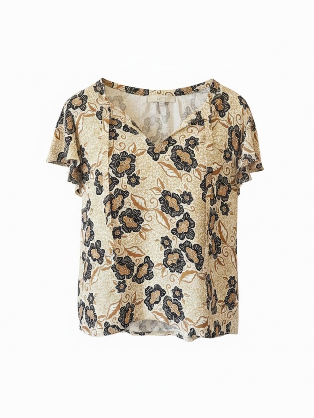 LOFT Cream and Black Floral V-Neck Flutter Sleeve Blouse